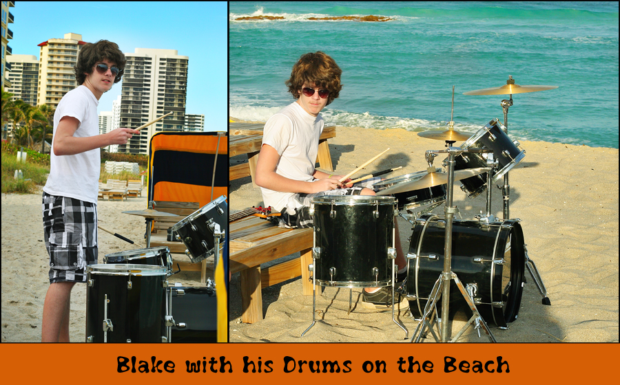 Blake with drums on the beach